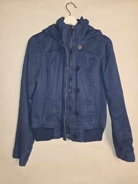 Y2K Hooded Guess Utility Jacket Navy Blue Ribbed Waist Button Loops And Full Zip
